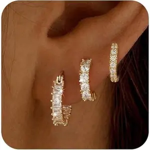 Women's 3-Pair AAAAA+ Cubic Zirconia Sparkling Stackable Huggie Hoop Set, Hypoallergenic Nickel-Free Small Tiny Cartilage Clicker Earrings
