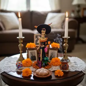 Handmade 8” Mexican Catrina Figurine – Black Sombrero Skeleton Lady with Pink Bag | Glow in the Dark Día de los Muertos Collectible + Free UV Light