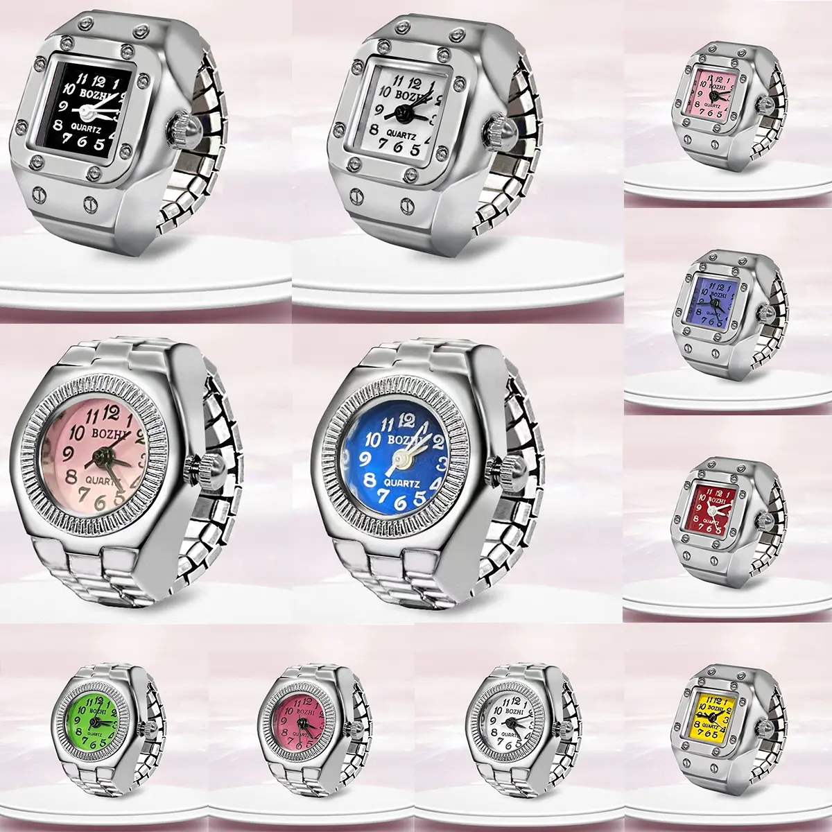 Vintage Punk Mini Quartz Clock Finger Rings Women Men Creative Elastic Strap Alloy Watches Roman Dial Ring Jewelry