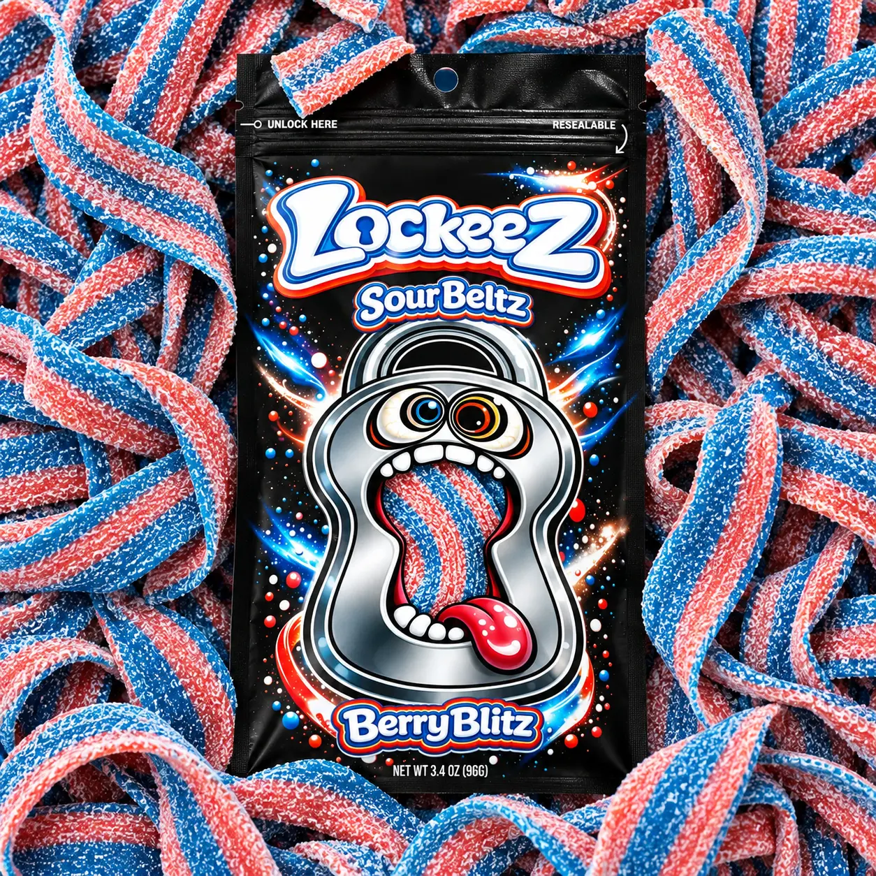 Lockeez Berry Blitz Sour Beltz – Gelatin-Free Sour Candy Strips, 3.4 oz Resealable Bag (12 Strips per bag)