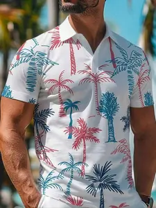 Men's Blue Hand-Drawn Palm Tree Polo Shirt, Casual Polo Shirts, Short Sleeve Button Collar, Tropical Vacation Print, Lightweight Breathable, Casual Summer Wear