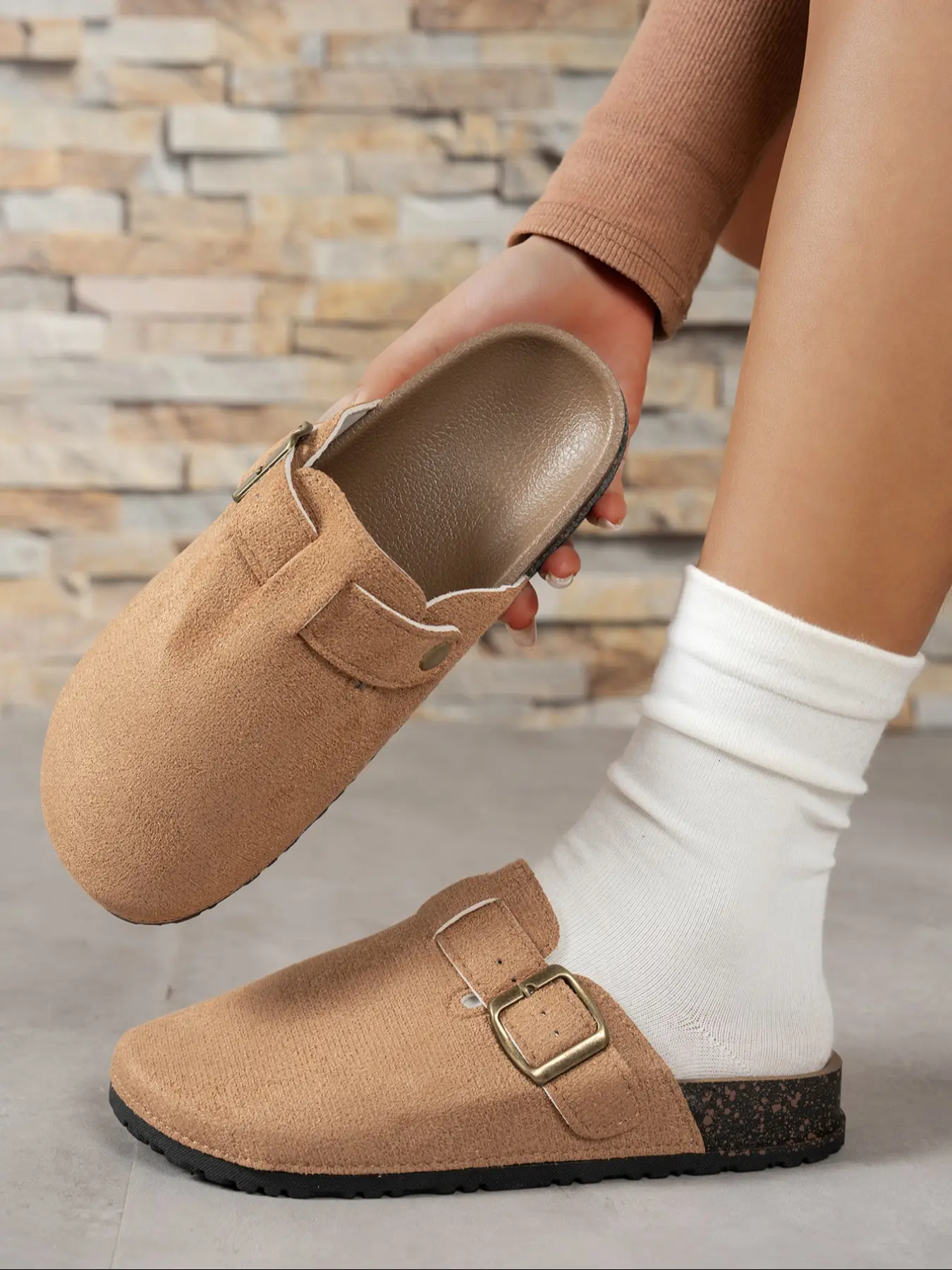 Women's Thick Sole Boken Half Slippers, Winter Half Slippers, Classic Design, Comfortable and Fashionable, Textile Upper, Rubber Sole, Slide Slippers