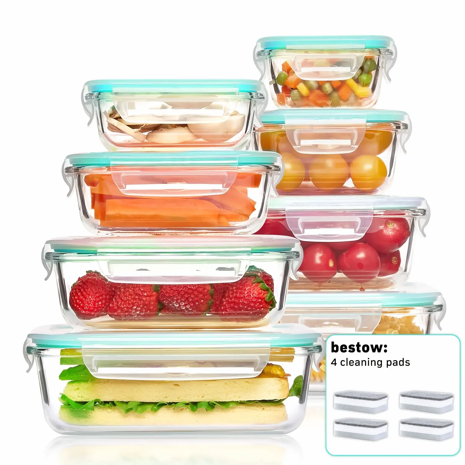 16pcs Airtight Glass Food Storage Containers, Outdoor Picnic, Lunch Box, Microwave, Oven - Perfect for Salads, Fruits, Vegetables And Sandwiches, Lunch Box | Airtight Storage | Durable Glass, Food Storage Containers (8 Lids And 8 Containers)