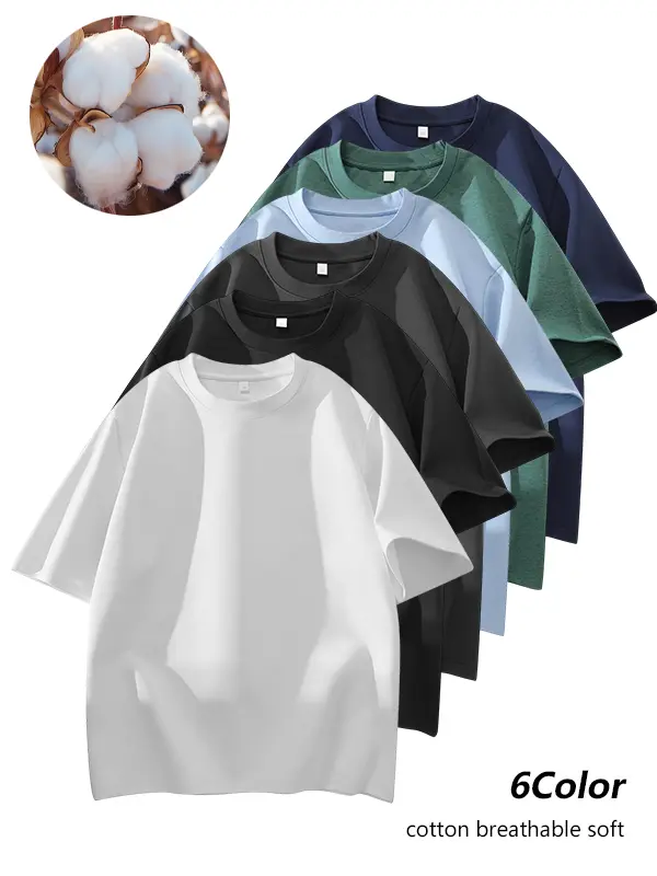 Men's 100% Pure Cotton Short-Sleeve Crewneck/Round Neck T-Shirt - Soft, Skin-Friendly, Breathable Solid Color Menswear for Daily Commuting, Outdoor Activities, Tshirt, Shortsleeve, Plain, Casual Fit