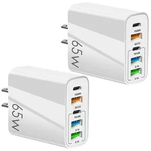 2-Pack 65W Fast Wall Charger 5-Port (3 USB-A + 2 USB-C) Multi Device Charging Block PD Quick Charge Adapter for iPhone, Samsung, Tablet