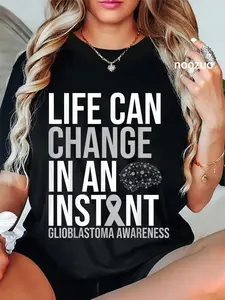 100% Cotton Brain Cancer Awareness Life can change Tumor Grey Ribbon T-Shirt