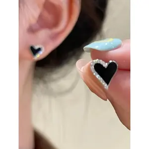 Rhinestone Decor Asymmetrical Heart Stud Earrings, Elegant Jewelry for Women, Trendy All-match & Exquisite Jewelry for Birthday Gift