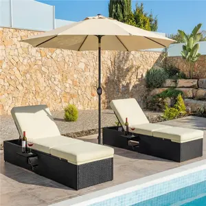 Costoffs Cushioned Rattan Lounge Chair with Built-in Side Table, 5-Position Reclining Chaise for Poolside Retreat, Black/Beige