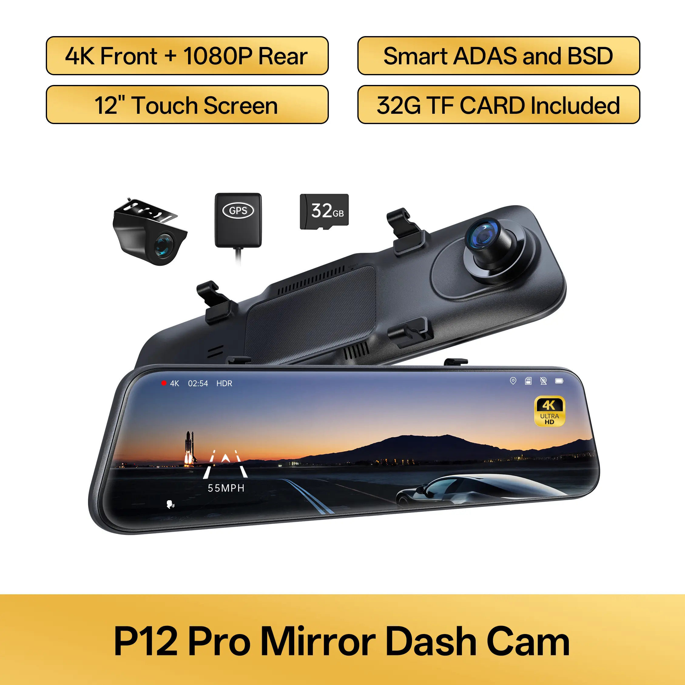 4K Mirror Dash Cam, 10inch / 12inch Rearview Mirror Camera Smart Driving Assistant with ADAS and BSD, 2160P Front and Rear Camera, Voice Control, Night Vision Function, Parking Monitoring, Comes with Memory Card