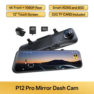 Pelsee 4K Mirror Dash Cam, 10''/12'' Rear View Mirror Camera Smart Driving Assistant w/ADAS and BSD,2160P Front and Rear Camera,Voice Control,Night Vision,Parking Monitoring,Free Memory Card