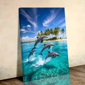 2D flat painting, a lifelike dolphin painting made with oil paints, suitable as a poster or wall decoration, applicable to various spaces such as living rooms, dining rooms, garages, offices, bars, or courtyards, with a solid wood frame
