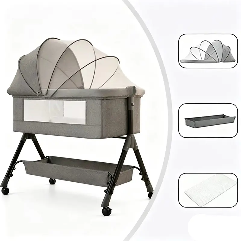 Bedside Bassinet for Baby, Easy to Assemble Portable Bassinet for Newborn with Storage Basket, Lockable Wheels & Soft Mattress, Adjustable Height Baby Bassinets Bedside Sleeper