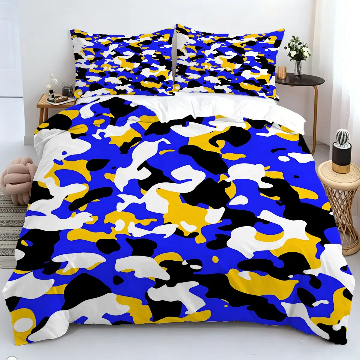 Blue Yellow Camo Duvet Cover Set – 2/3‑Piece Streetwear‑Style Bedding Set, Camouflage Bedding Set, Skin‑Friendly, Soft, Comfy Bedding Set, Ideal for Teen Bedroom, Guest Room All‑Season Use, No Filler