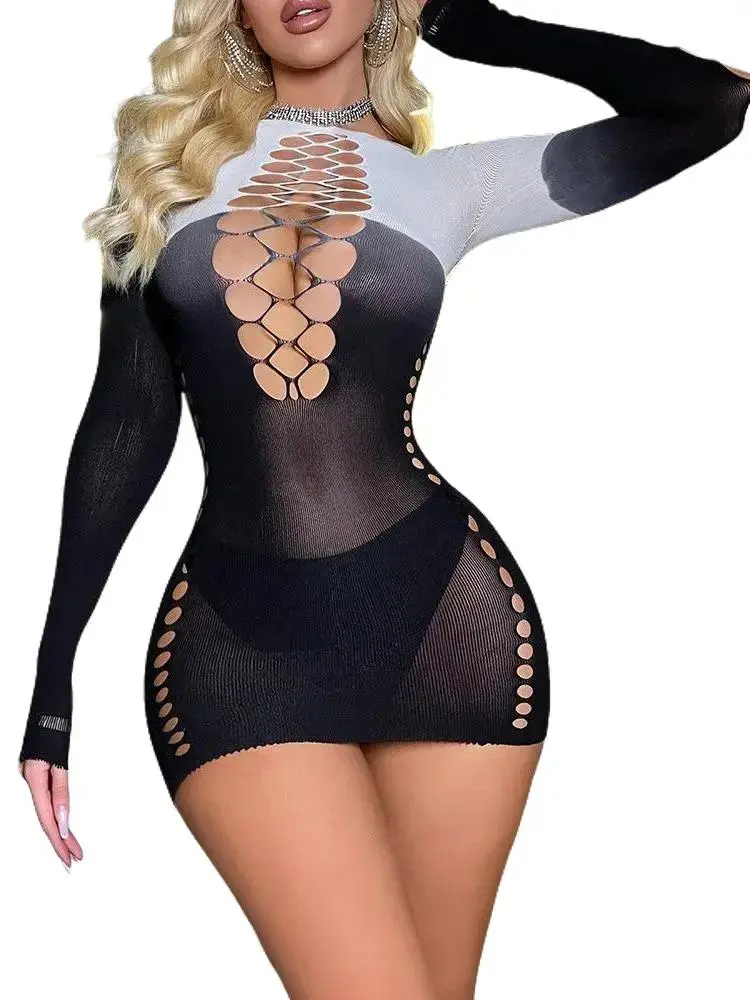Women’s Seamless Fishnet Lingerie Mini Dress, Long Sleeve Lace-Up Cutout Bodycon Chemise, Sheer Mesh Bodystocking Nightwear