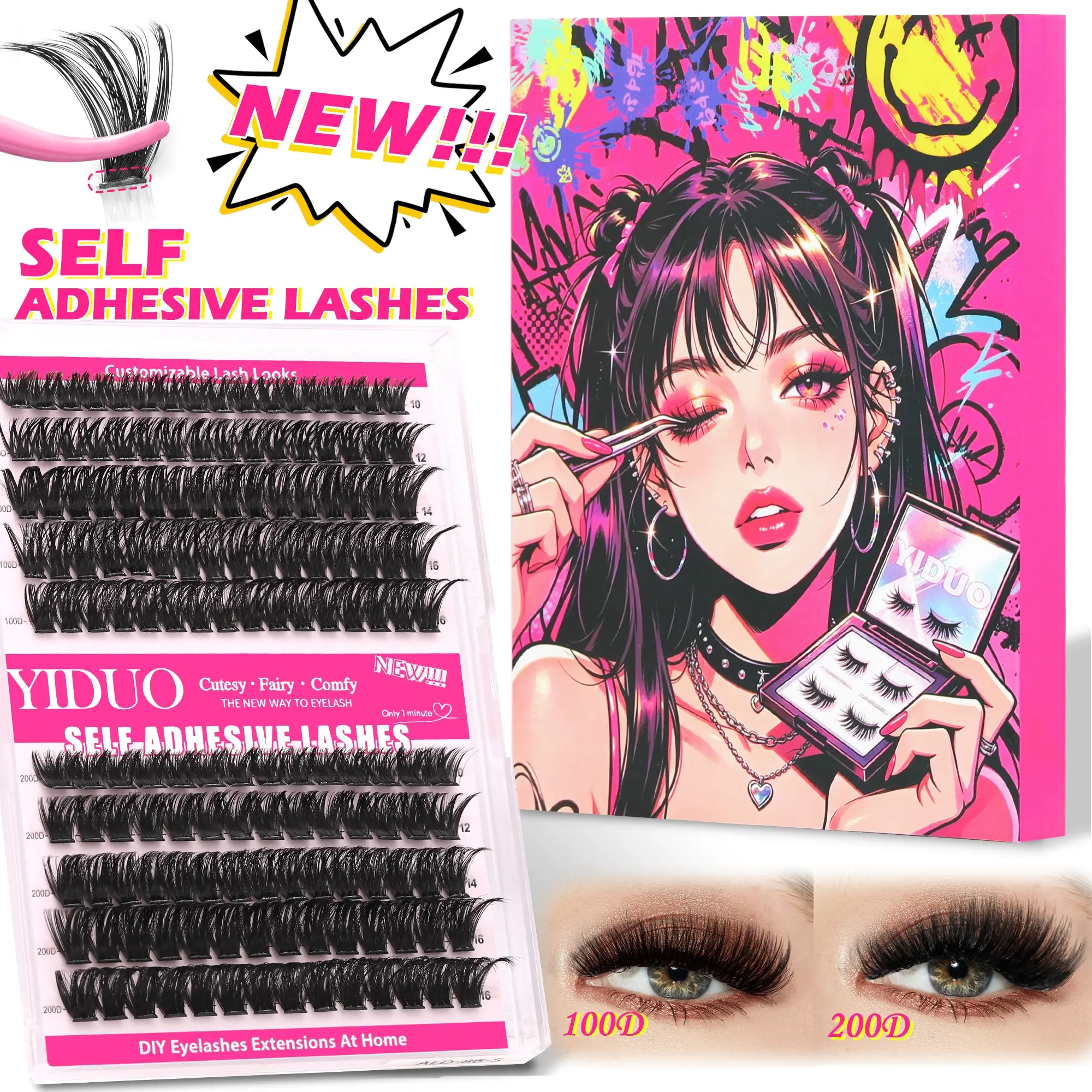 YIDUO Self-Adhesive Fluffy Lash Clusters, Volume Eyelashes, 100D+200D Voluminous Press-On Lashes, Self Adhesive Eyelashes, Pre-Glued DIY Eyelash Extensions 10-16mm D Curl, No Glue Needed Individual Lashes Easy Application Gift Pack
