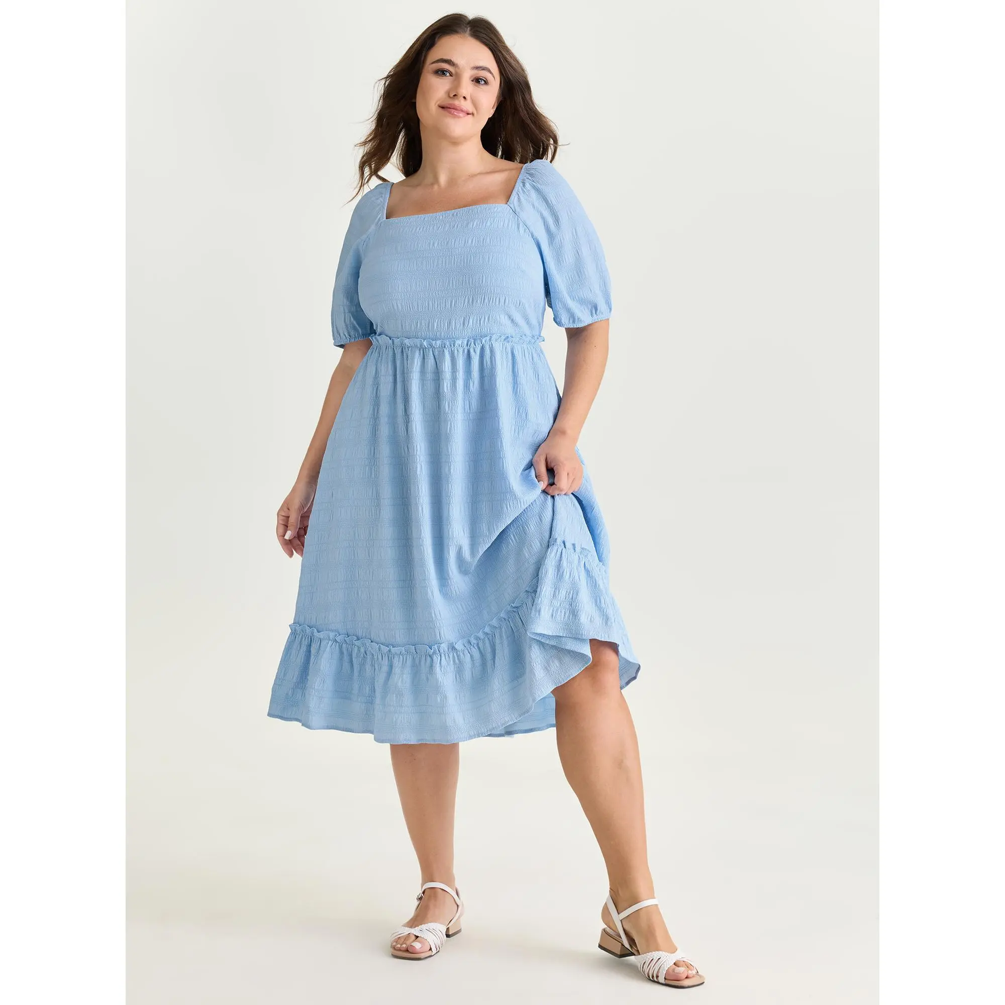 BLOOMCHIC Women's Plus Size Short-Sleeve Knit Fabric Shirred Open Back Ruffled Hem Midi Dress [M-6X] - 2026 Summer Casual Wear, Smooth Polyester Garment, Flattering Fit, Pocket Detail,Summerfinds