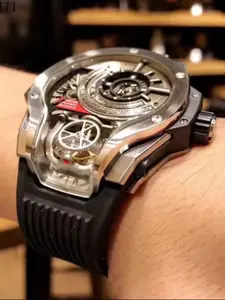 Luxury Men's Barrel Watch, Mechanical Quartz, Full Open Calendar, Power Display, Case, Silicone Strap, Business Style