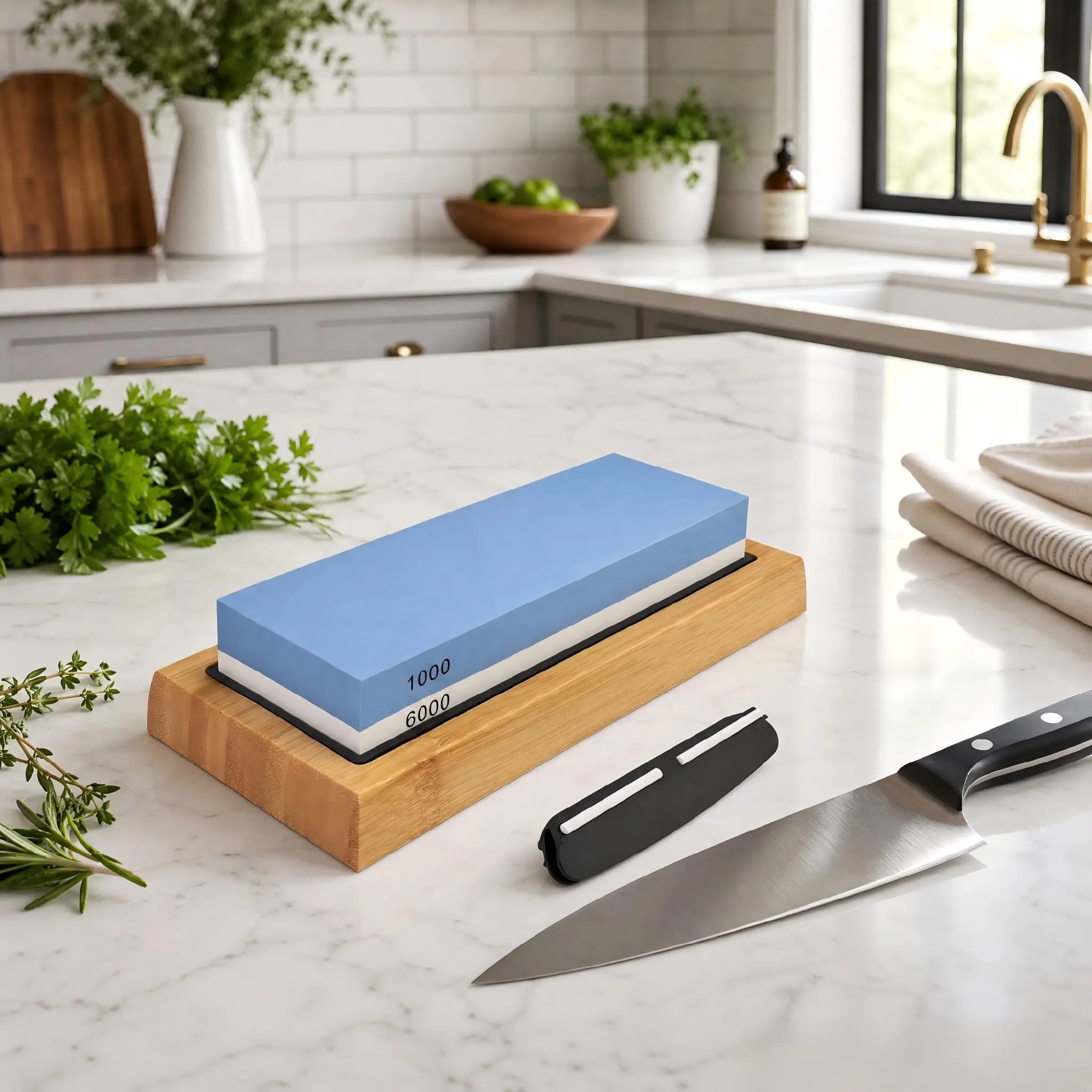 Gunpla Dual-Grit Edge Knife Sharpener Set - 1000/6000 Grit Silicon Whetstone, 7”(l)x2.25”(w)x1.125”(h) Professional Water Stone, Easy Water Use, Non-Slip Bamboo Base, Angle Guide for Knives Secure & Controlled Sharpening