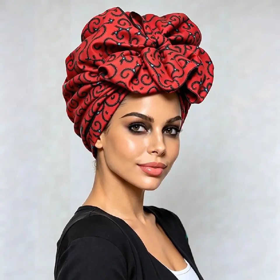 ANEWOW Red Swirl Pattern Bow Design Satin Lined Headwrap