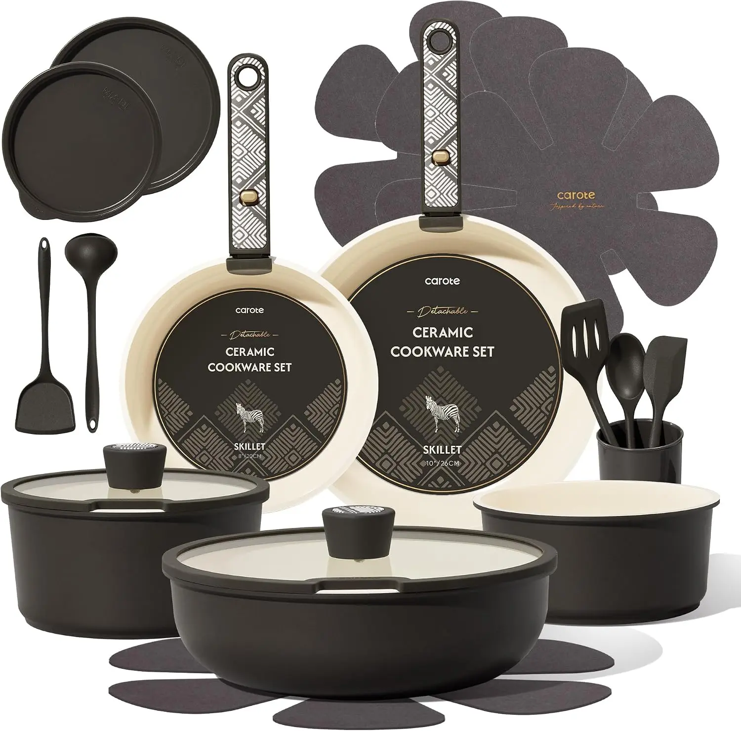 21pcs Ceramic Cookware Set - Oven-Safe Pots and Pans Set with Detachable Handle, Compact Kitchen Cookware Collection
