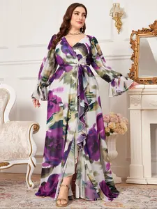 Random Floral V-Neck Lantern Sleeve Waist Tie Fitted Chiffon Maxi Evening Party Dress, Digital Dye Print, Long Sleeve, Elegant Gown