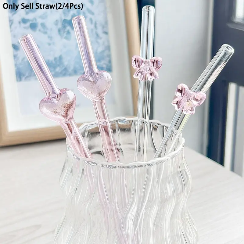 Reusable Heart & Butterfly Glass Straws Set, Cute Straight Drinking Tubes with Brush, Perfect Gift for Parties, Holidays, School Supplies, Glass Straw Drinkware, Drink Accessories, Straw Combo