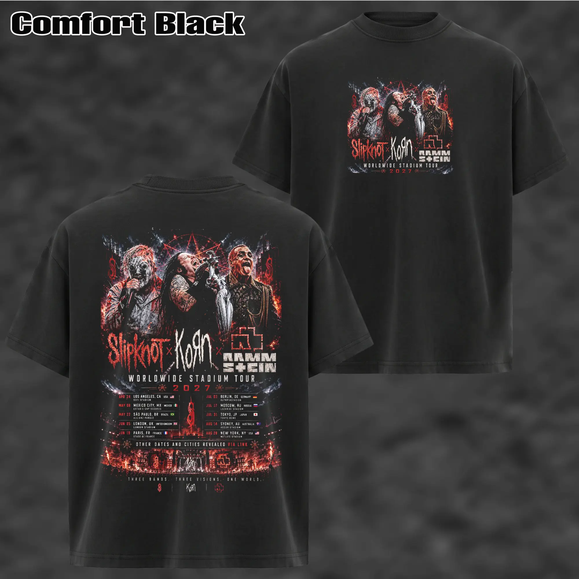 Vintage  "Worldwide Stadium Tour 2027" Slipknot, Korn,Rammstein Tour rock T-shirt ,Slipknot, Korn,Rammstein Tour T-shirt & Hoodie , Rock Music Lover T-Shirt , Vintage Band Shirts  Fabric Fit Top , Top Men's and Women's Clothing