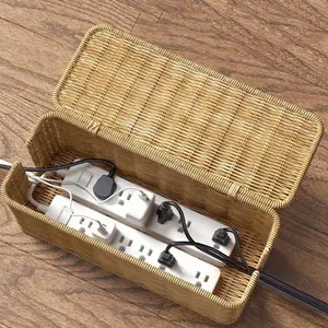 Handcrafted Rattan Cable Management Box - Sturdy PE Material, Rustic National Style with Cover, Multi-Section Storage for Power Cords, Data Wires, And Chargers, Office Supply Organizer | Rattan Weave Design | PE Build, Cable Storage Basket