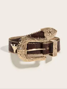 Women's Crocodile Embossed Bull Head Decor Western Belts, Fashion Belt for Party, Daily Clothing Decor, Trendy All-match & Exquisite Belt for Birthday Gift