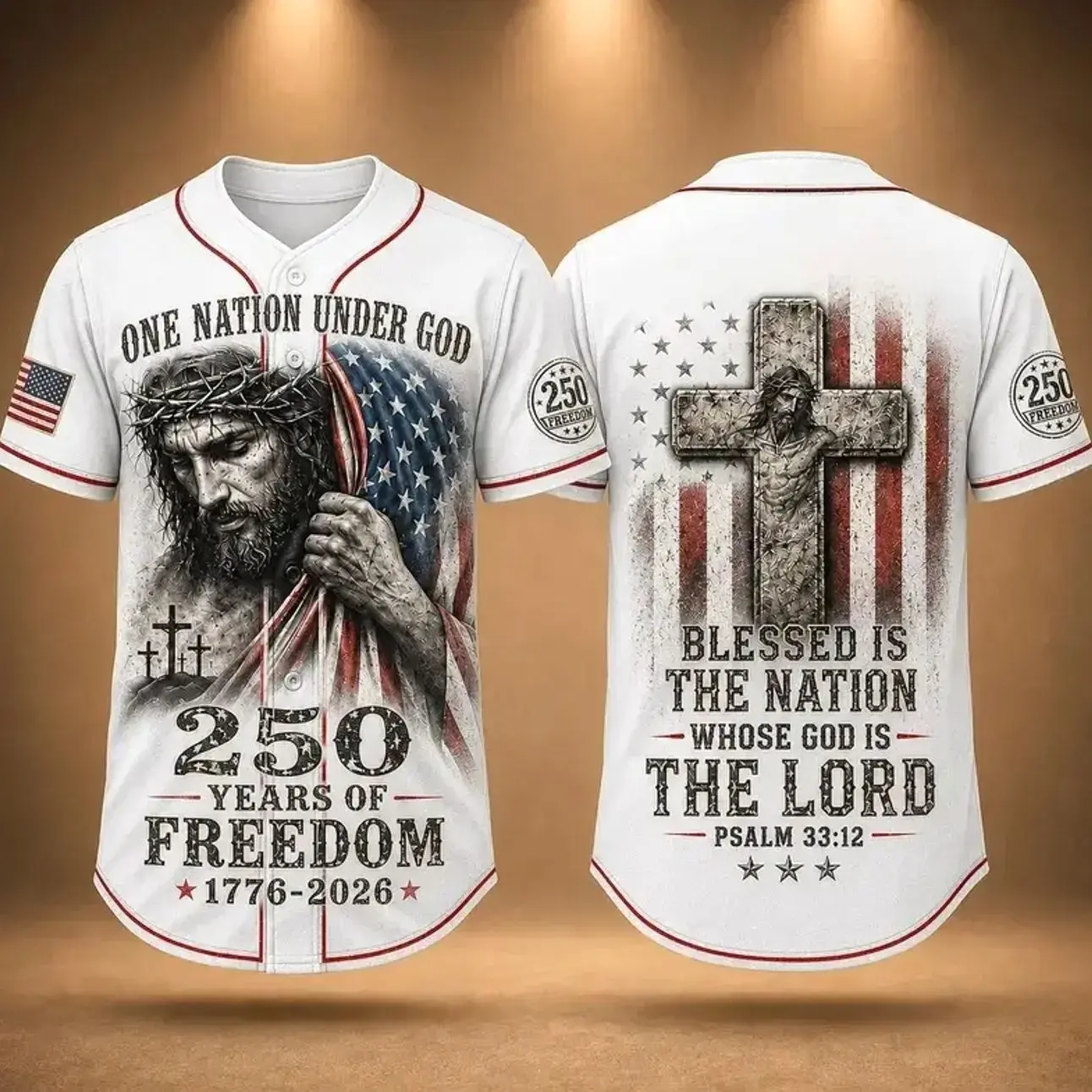Patriotic Faith Baseball Jersey, Jesus Cross Vintage US Flag Print, 1776–2026 Freedom Edition, Family Matching Christian Apparel