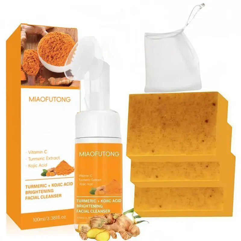 Turmeric Cleansing Mousse & Soap Set, Deep Cleansing Duo, 1 Count Facial Cleanser & 1 Count Turmeric Soap, Facial Skin Care Product for Women & Men, Kojic Acid Cleanser, Turmeric Facial Wash, Turmeric Face Soap