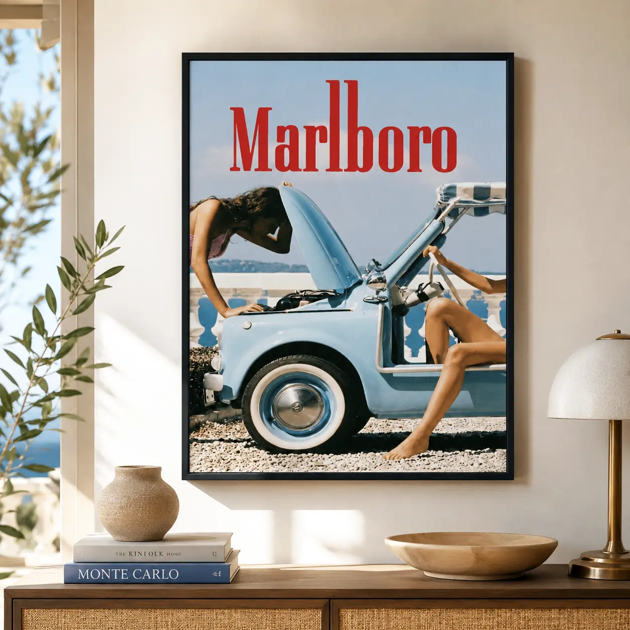 Vintage Italian Riviera Summer Canvas Print, Retro Blue Convertible Car Poster, Coastal Aesthetic Room Decor