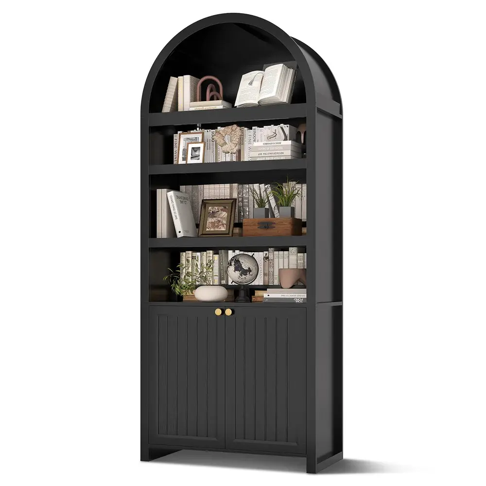 Sikaic 81 Inches Tall Arched 6-Tier Bookcase with Door Black Mid-Century Modern Bookshelf with 2 Book Risers and Adjustable Shelves for Living Room, Kitchen and Home Office