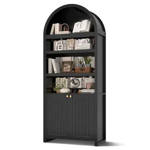 Sikaic 81 Inches Tall Arched 6-Tier Bookcase with Door Black Mid-Century Modern Bookshelf with 2 Book Risers and Adjustable Shelves for Living Room, Kitchen and Home Office