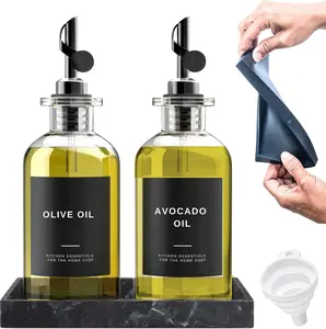 Clear Glass Olive Oil Dispenser Bottles For Kitchen With  Tray & 40 Labels, Soy Sauce Dispenser, Coffee Syrup Dispenser, Olive Oil Bottles Set Of 2, Black