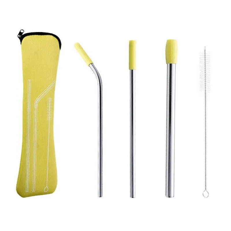 5pcs Set Stainless Steel Straws, Reusable Metal Straws With Silicone Tips, Sturdy Bent Straight Drinking Straws, Food Grade Straw, Straw Combo, With 3pcs Straws, 1pc Cleaning Brush And 1pc Bag, 8inch Drinkware