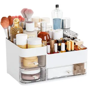 White Makeup Organizer With Drawers,Large Skincare Organizers for Countertop,Desk,Dresser,Plastic Bathroom Counter Organizer for Brush,Palettes,Perfume,Beauty Products Organization, Care Storage