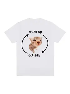 Funny Cute Cat Print Short Sleeve T-Shirt, Unisex Casual Fitted Top, Geometric Pattern, All Seasons Wear, No Zipper, H Type Silhouette