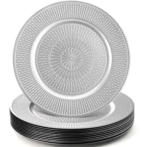 12 Pack Silver Charger Plate, 13-inch Beaded Chargers for Dinner Plates, Plastic Reusable Round Charger Platters for Wedding, Party, Event, Table Setting, Decoration, Holiday
