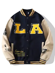 Y2K American Vintage La Varsity Jacket, Colorblock College Style Baseball Vest, Los Angeles Embroidered Letter Hoodie