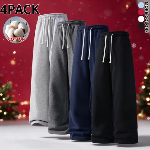 4-Pack Mens Cotton Wide Leg Sweatpants, Relaxed Fit Drawstring Sweat Pants, Multi Colors Casual Bottoms for Young Men Everyday & Gym Wear Christmas Holiday Outfit