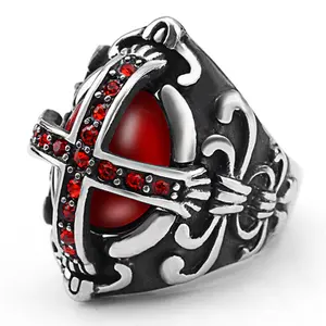 Vintage 316 stainless steel men's ring with red diamond inlay, gothic punk style men's ring, unique design, personalized, fashionable, exquisite texture ring