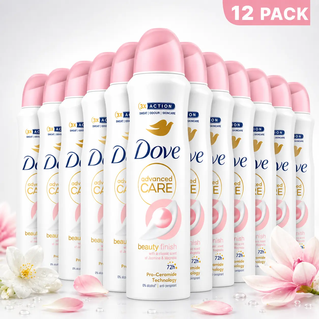 Dove Women’s Advanced Care Beauty Finish Scented Deodorant Spray 12-Pack (5oz/150ml) - 72H Anti-Perspirant, Pro-Ceramide Technology, Daily Sensitive Skin Restore Blend, Workout-Ready Smooth Body Care