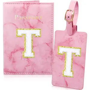 Passport Cover Cute Passport Book Holder for Travel Luggage Tag Set with Initial Monogram Letter Marble Airplane Travel Essentials Personalized Cruise Accessories Trip Favor Gifts for Women Girls