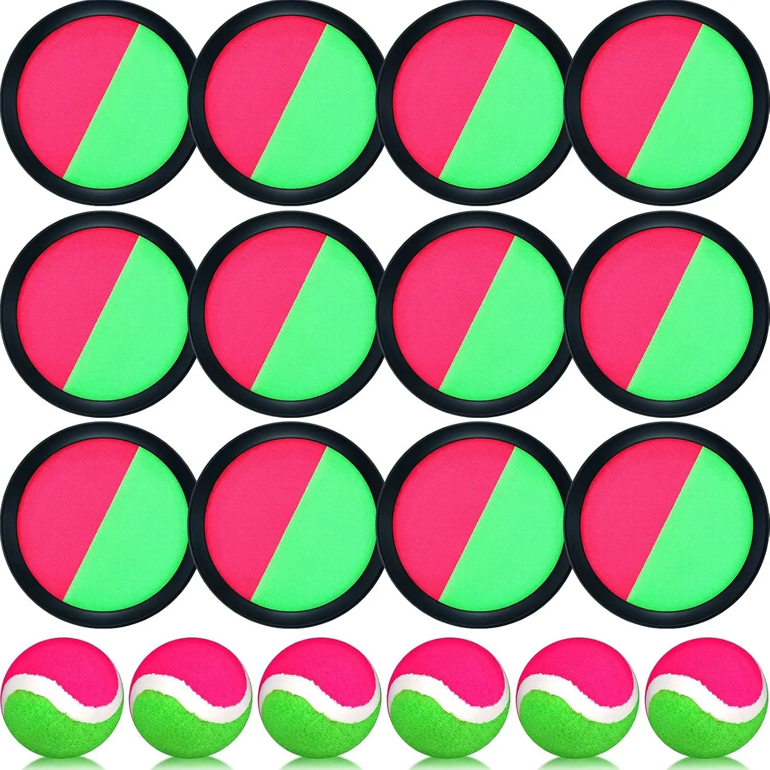 Toss and Catch Game Set - Nylon Outdoor Beach Paddle Ball Sports Game for Kids & Adults, 12 Paddles and 6 Balls, 18 Total Pieces, Portable Family Backyard Party Toy (Pink Green Black)