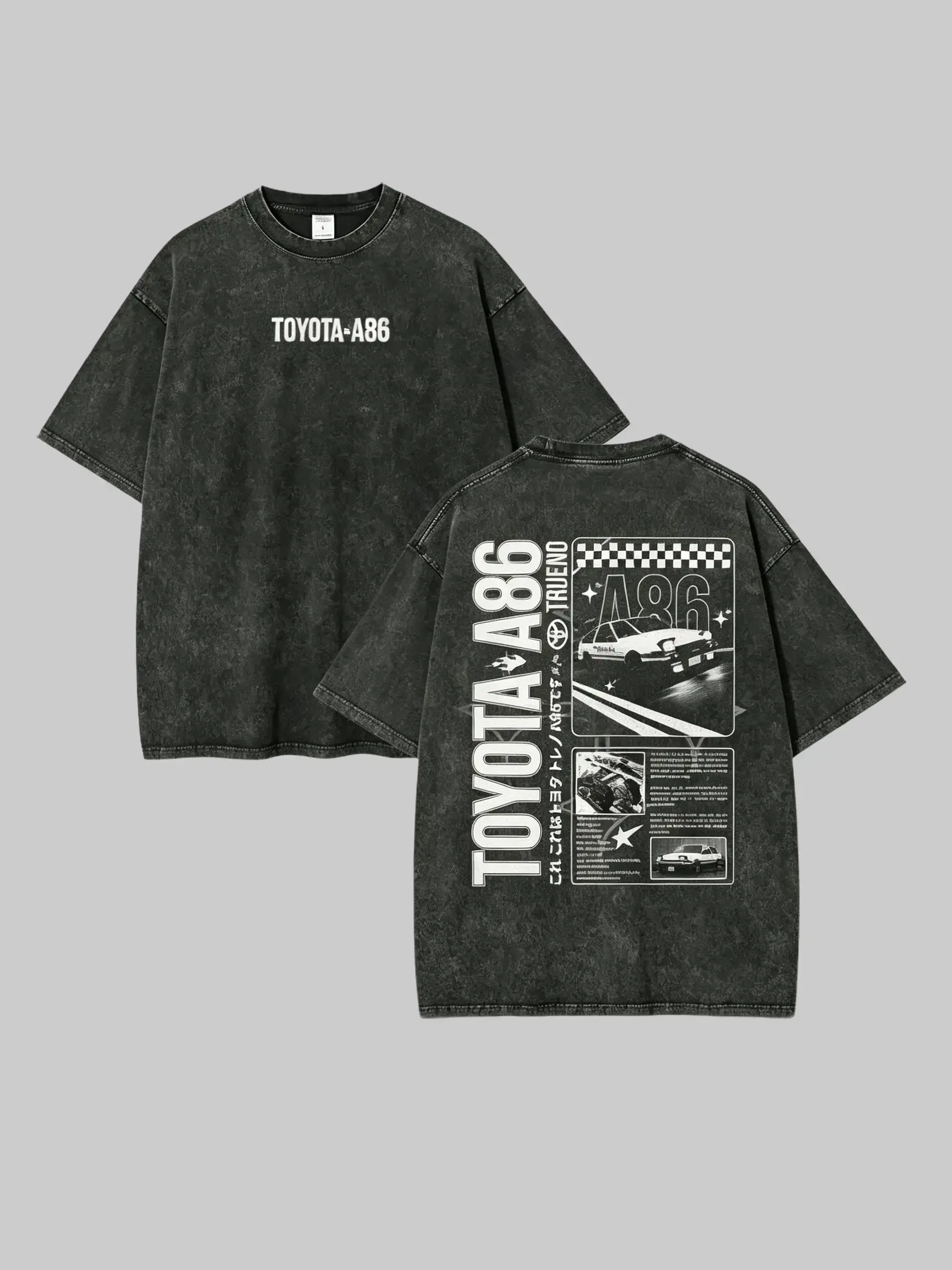 Men's Vintage Crew Neck T-Shirt - Oversized Casual Classic JDM Drift Racing Car Graphic Cotton Tee, Distressed Retro Streetwear Short Sleeve Top (Cold Wash Recommended)