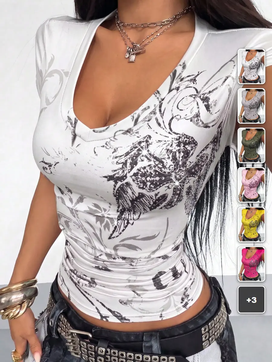 Women's Rhinestone T-Shirt Graphic Cross Print Streetwear Y2K Aesthetic