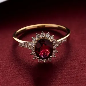 Luxurious S925 Sterling Silver Rose Majesty Flower Four-Prong Oval Red Women's Jewelry Ring