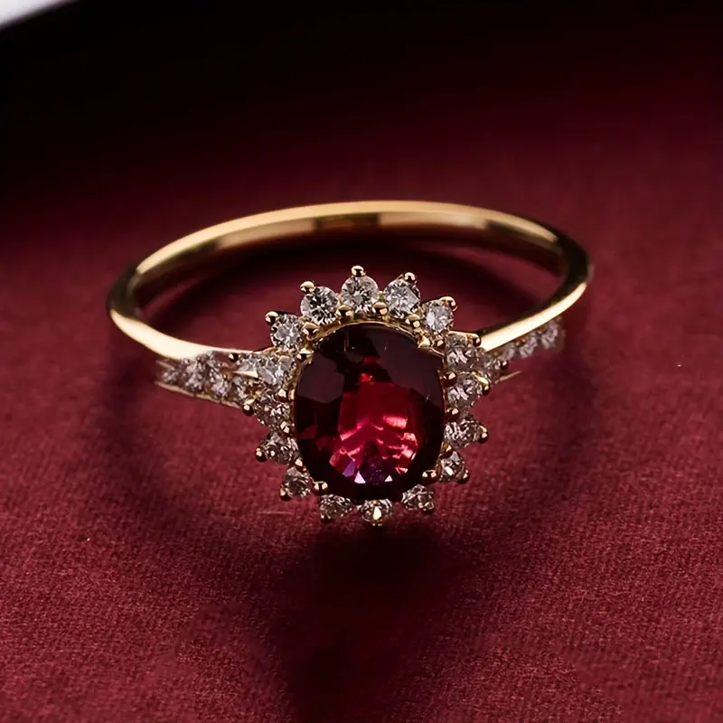 Luxurious S925 Sterling Silver Rose Majesty Flower Four-Prong Oval Red Women's Jewelry Ring