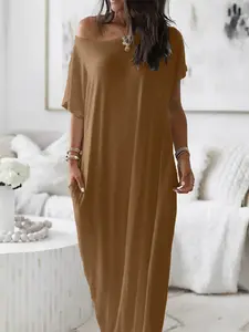 Loose Fit Casual Solid Color Women's House Dress, Knit Fabric Stretch Breathable Off-Shoulder Design, Elegant Sexy Lounge Wear